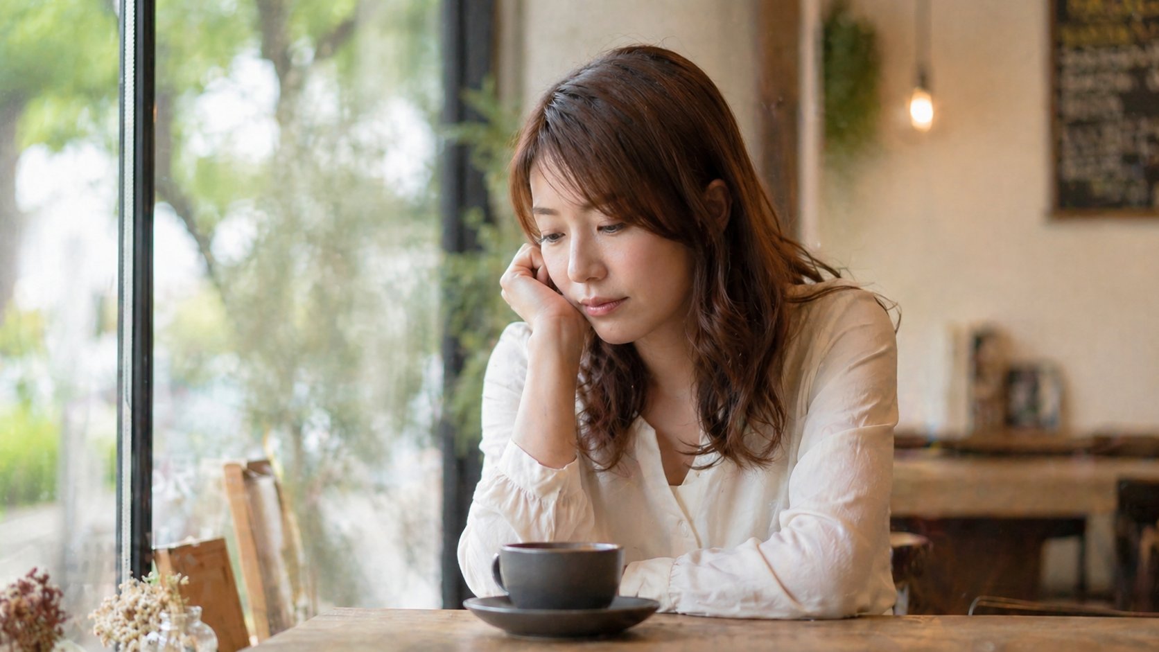 カフェで一人、考え込む女性